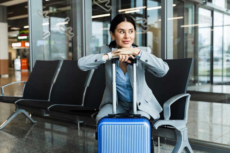 1 A young lady with a travelling suitcase sitting at a waiting area at the airport, after knowing when to book an African Safari
